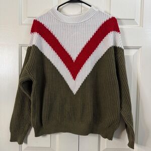 MNG Basics‎ Women Colorblock V Neck Pullover Sweater Size S Olive Red White